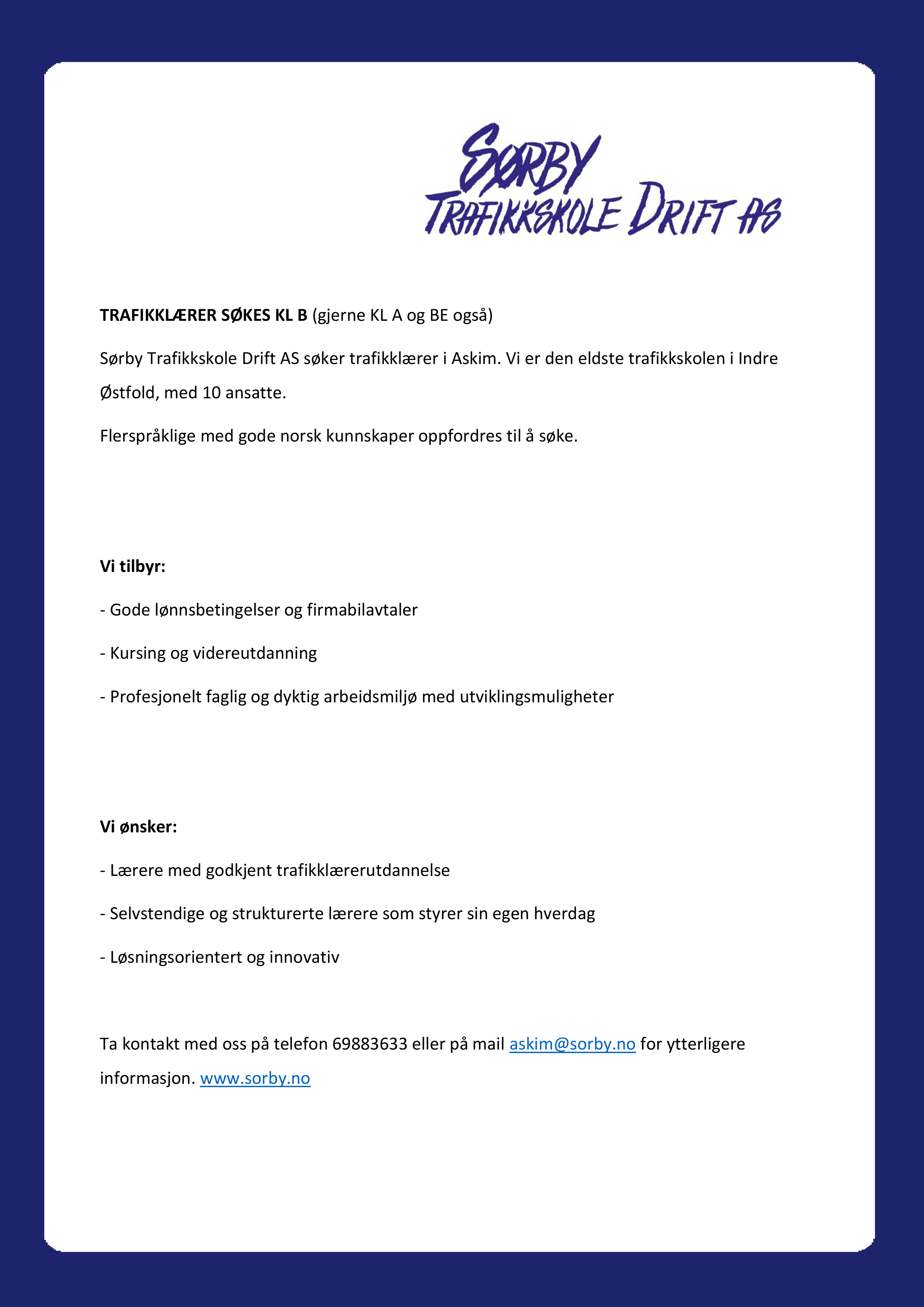 Sørby Trafikkskole Drift AS søker trafikklærer i Askim