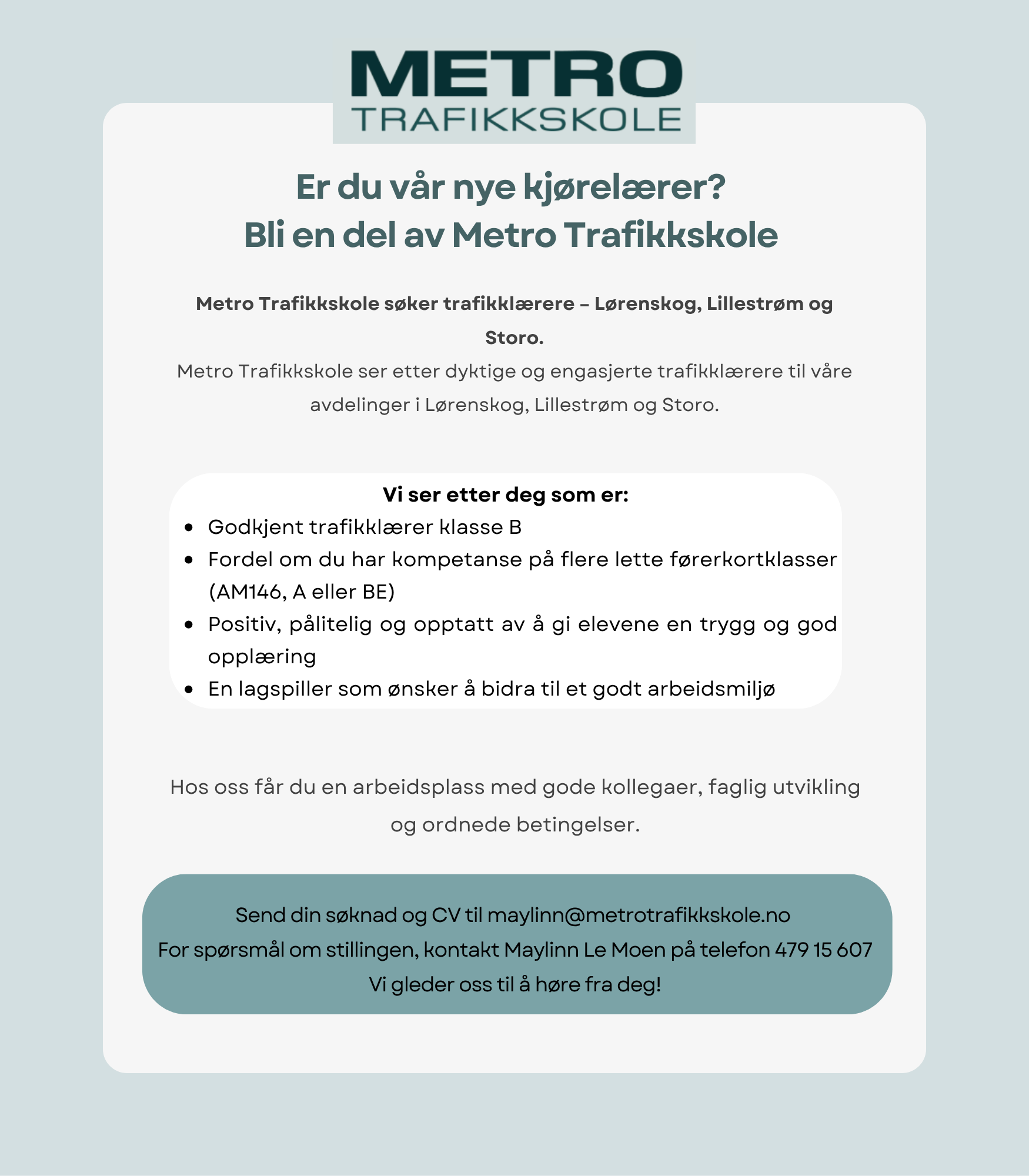 Metro Trafikkskoles stillingsannonse